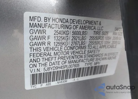 2023 Acura Mdx Technology Package from USA, damaged, VIN 5J8YD9H45PL007605